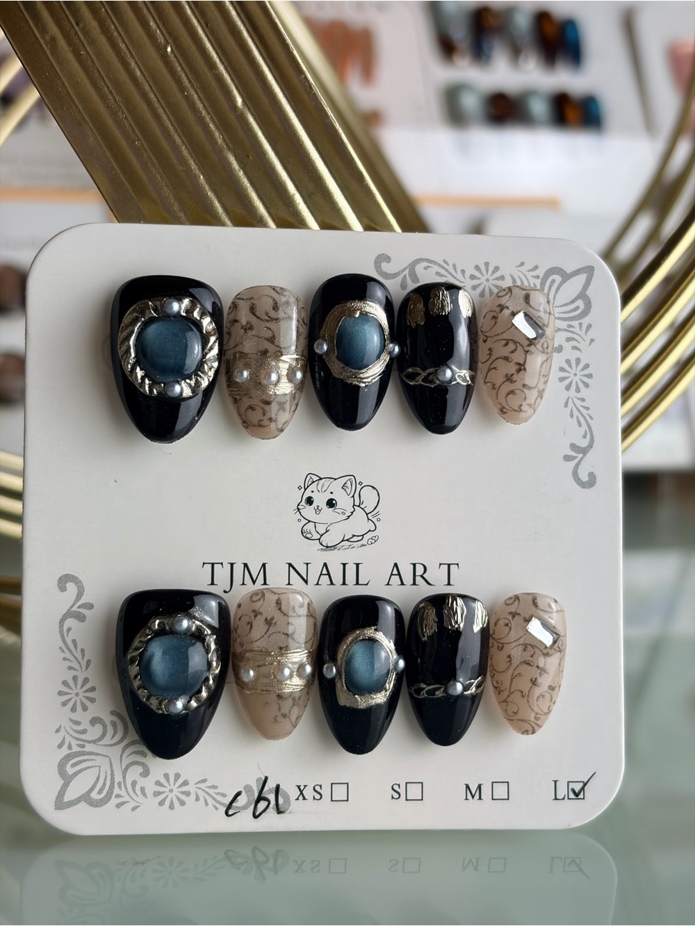 TJM Nail Art Press-On Set — Black & Beige with Blue Gems Large